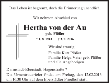 Traueranzeige von Hertha von der Au von trauer.echo-online.de