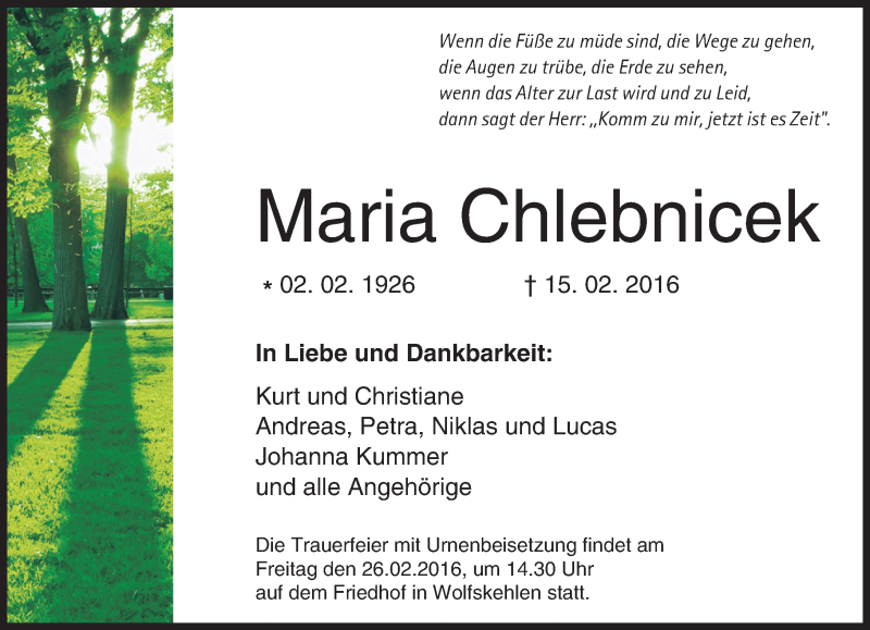  Traueranzeige für Maria Chlebnicek vom 24.02.2016 aus trauer.echo-online.de