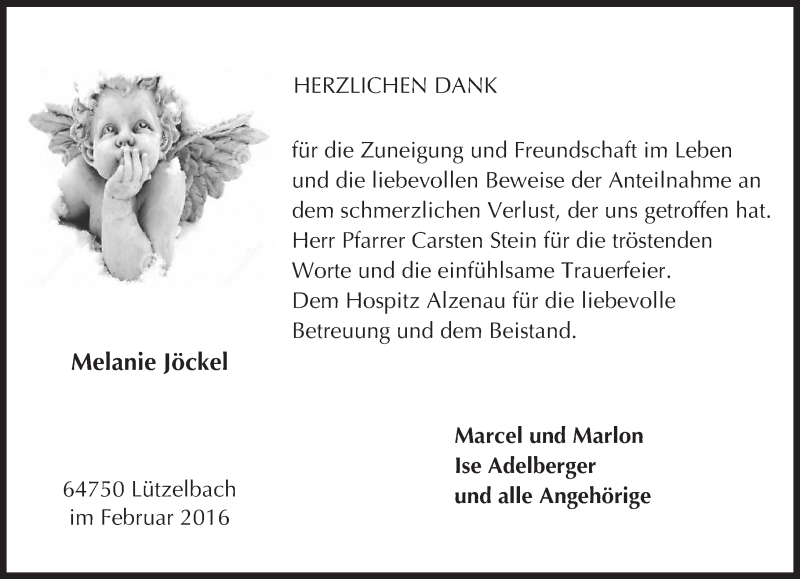  Traueranzeige für Melanie Jöckel vom 03.02.2016 aus trauer.echo-online.de