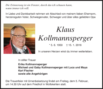 Traueranzeige von Klaus Kollmannsperger von trauer.echo-online.de