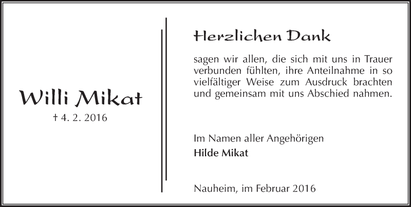  Traueranzeige für Willi Mikat vom 27.02.2016 aus trauer.echo-online.de
