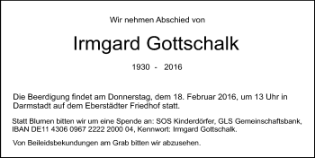 Traueranzeige von Irmgard Gottschalk von trauer.echo-online.de