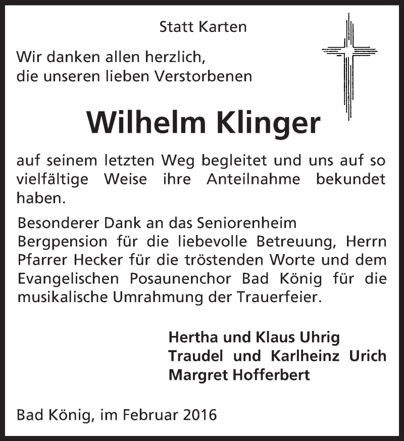  Traueranzeige für Wilhelm Klinger vom 26.02.2016 aus trauer.echo-online.de