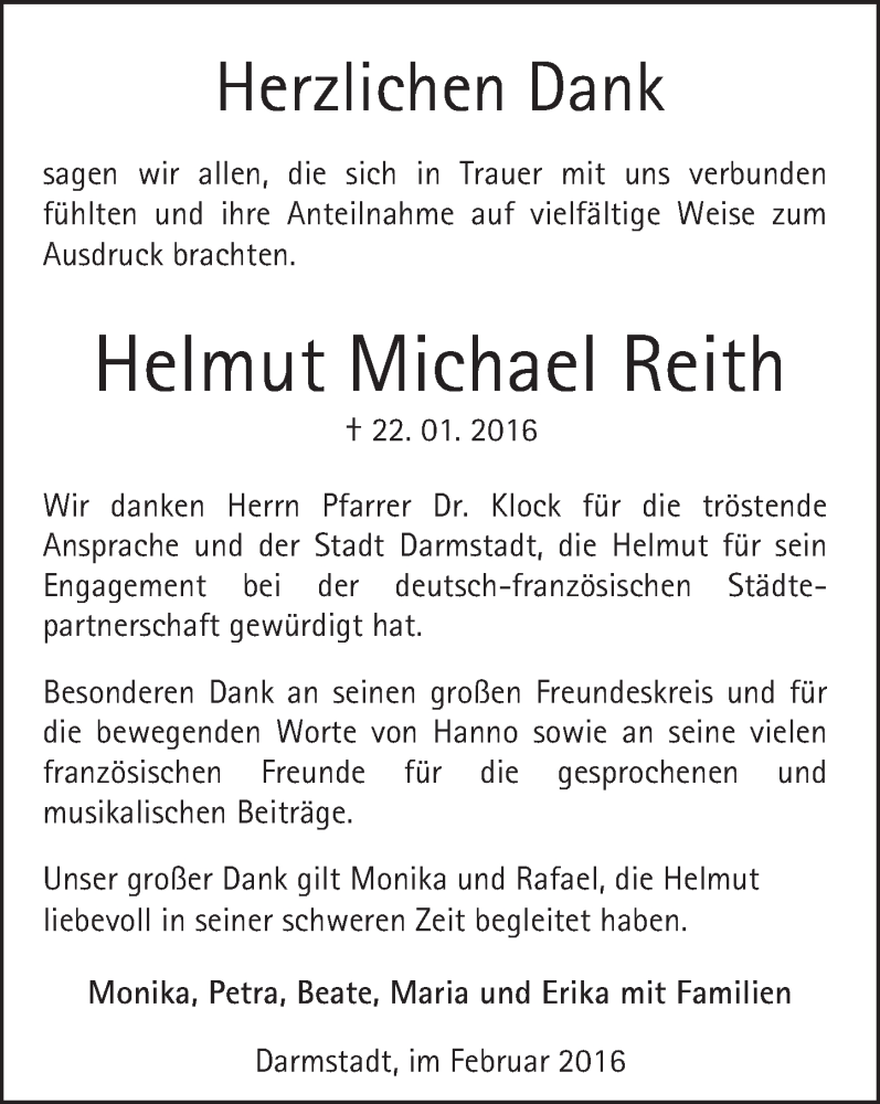  Traueranzeige für Helmut Michael Reith vom 20.02.2016 aus trauer.echo-online.de