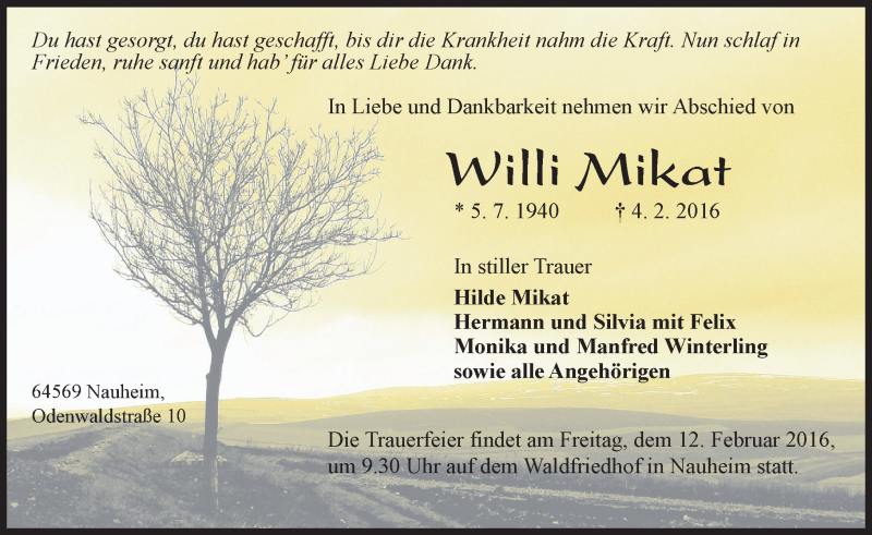  Traueranzeige für Willi Mikat vom 09.02.2016 aus trauer.echo-online.de