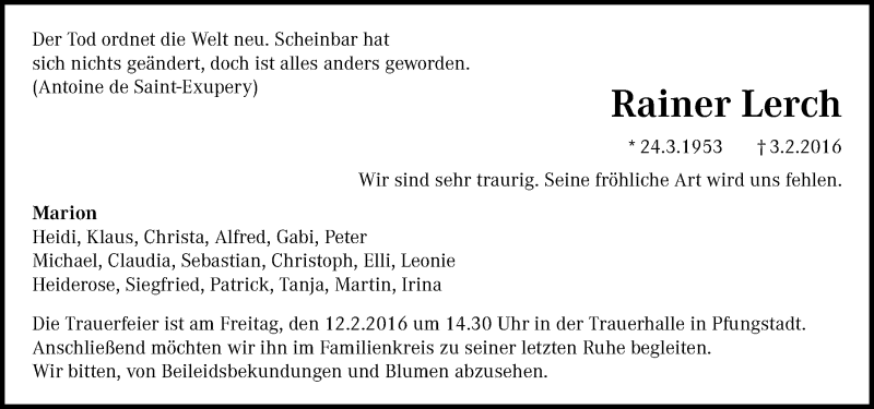  Traueranzeige für Rainer Lerch vom 06.02.2016 aus trauer.echo-online.de