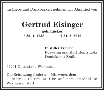 Traueranzeige von Gertrud Eisinger von trauer.echo-online.de