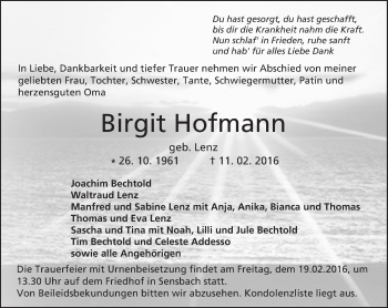 Traueranzeige von Birgit Hofmann von trauer.echo-online.de