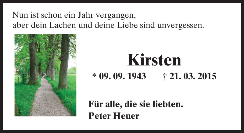  Traueranzeige für Kirsten Heuer vom 23.03.2016 aus trauer.echo-online.de