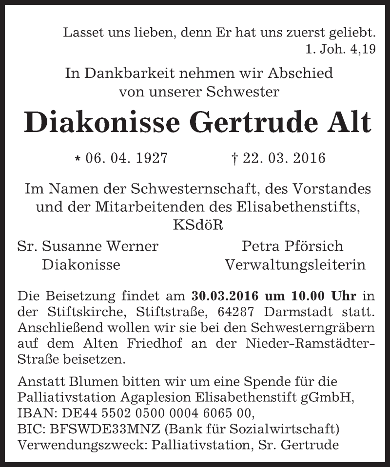  Traueranzeige für Gertrude Alt vom 26.03.2016 aus trauer.echo-online.de