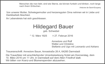 Traueranzeige von Hildegard Bauer von trauer.echo-online.de