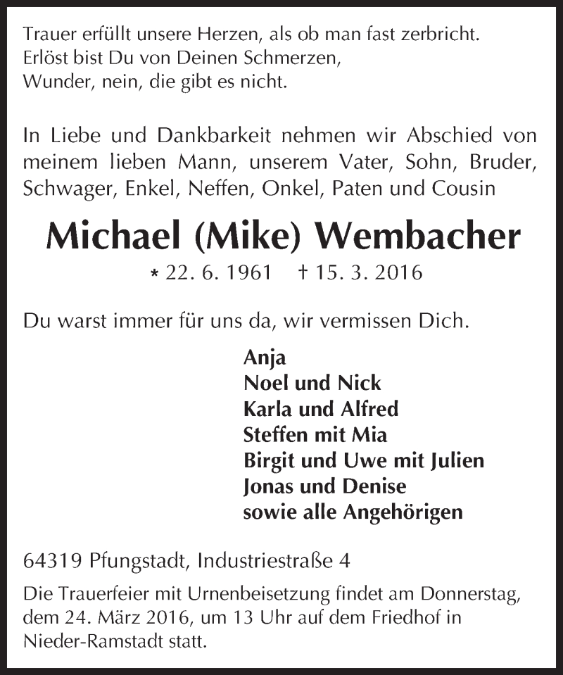  Traueranzeige für Michael Wembacher vom 19.03.2016 aus trauer.echo-online.de