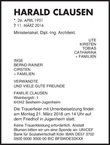 Traueranzeige von Harald Clausen von trauer.echo-online.de