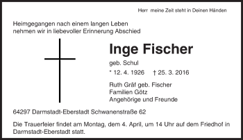 Traueranzeige von Inge Fischer von trauer.echo-online.de