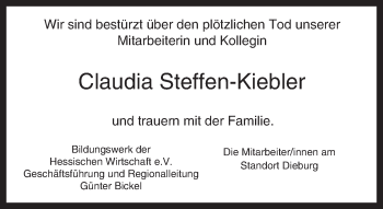 Traueranzeige von Claudia Steffen-Kiebler von trauer.echo-online.de