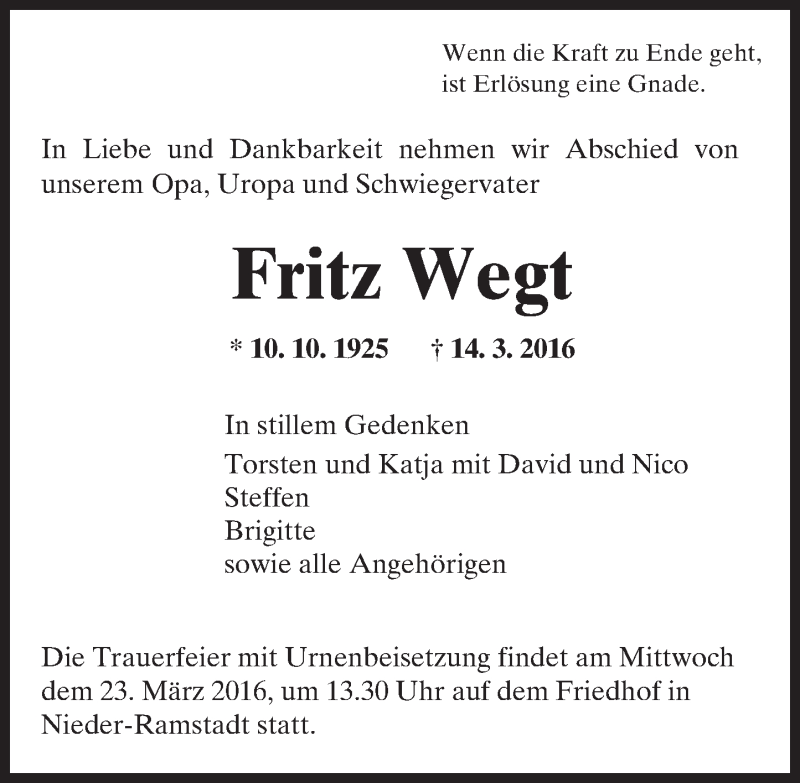 Traueranzeige für Fritz Wegt vom 19.03.2016 aus trauer.echo-online.de