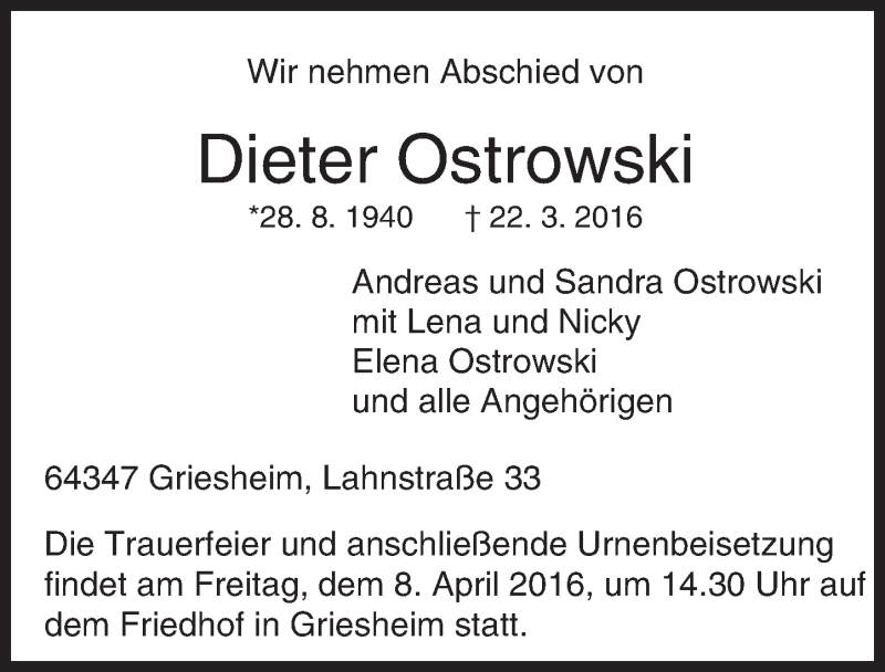  Traueranzeige für Dieter Ostrowski vom 26.03.2016 aus trauer.echo-online.de