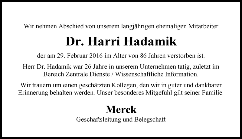 Traueranzeige für Harri Hadamik vom 10.03.2016 aus trauer.echo-online.de