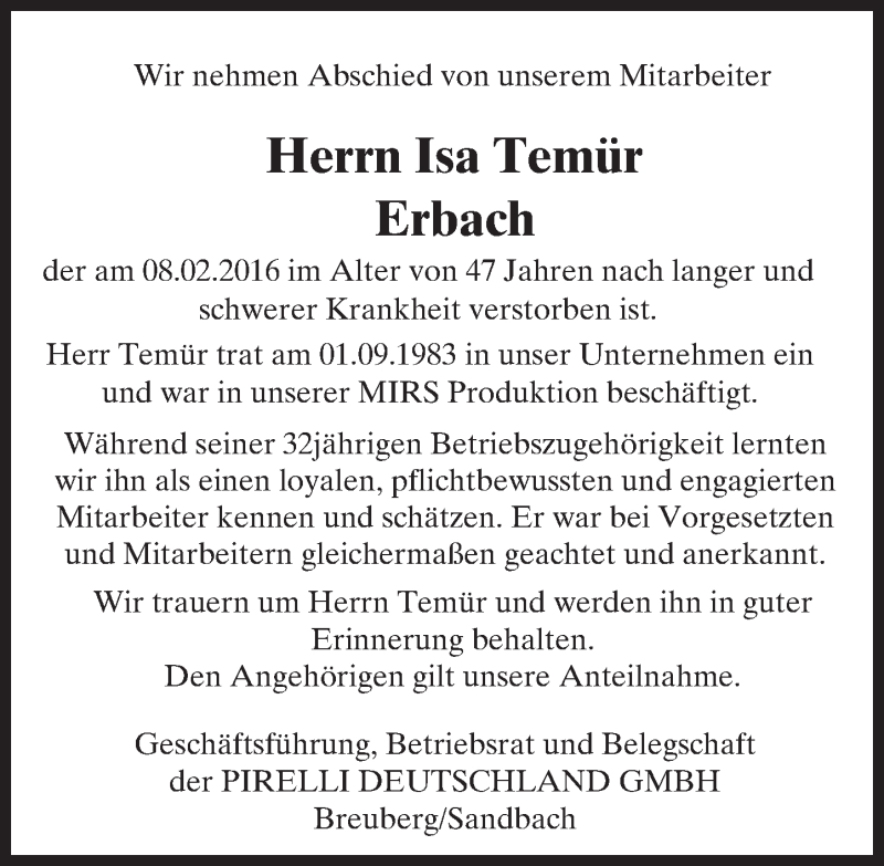  Traueranzeige für Isa Temür vom 03.03.2016 aus trauer.echo-online.de