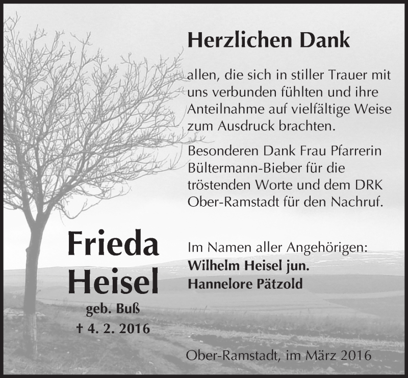  Traueranzeige für Frieda Heisel vom 05.03.2016 aus trauer.echo-online.de