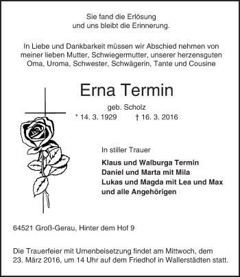 Traueranzeige von Erna Termin von trauer.echo-online.de