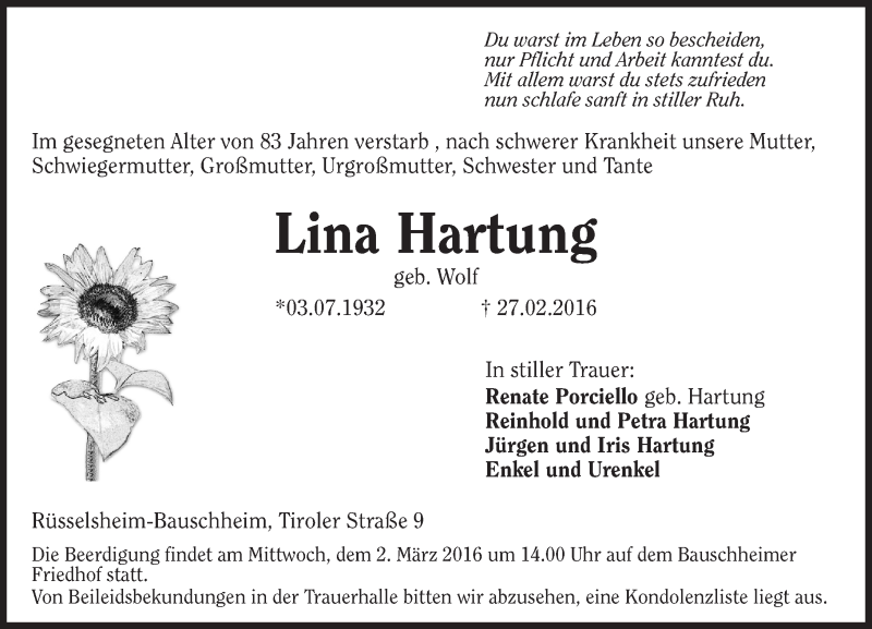 Traueranzeige für Lina Hartung vom 01.03.2016 aus trauer.echo-online.de