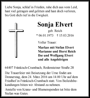 Traueranzeige von Sonja Elvert von trauer.echo-online.de