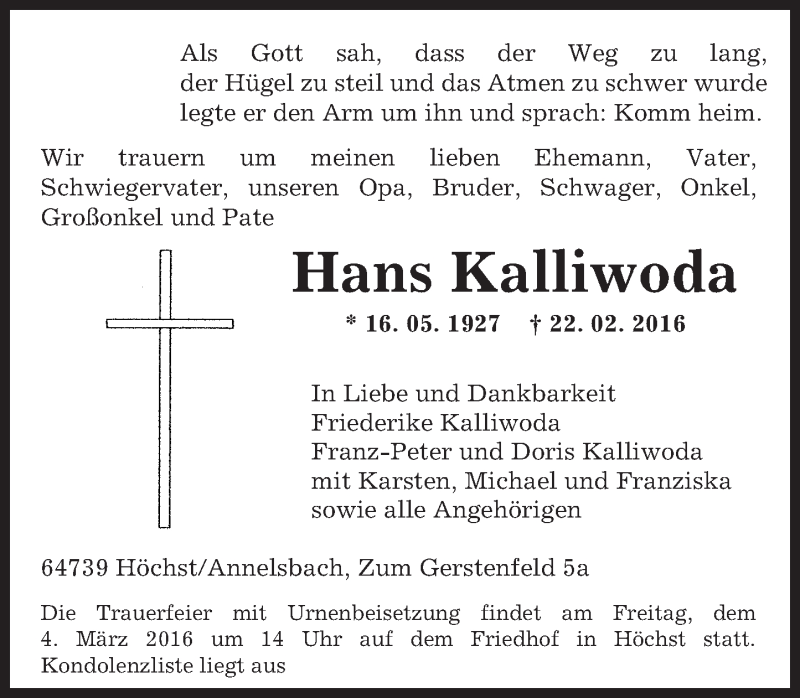  Traueranzeige für Hans Kalliwoda vom 01.03.2016 aus trauer.echo-online.de