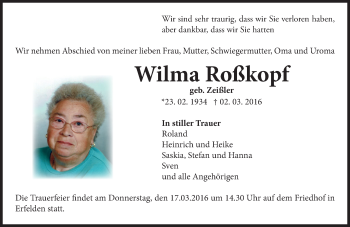 Traueranzeige von Wilma Roßkopf von trauer.echo-online.de