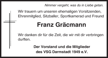 Traueranzeige von Franz Gräcmann von trauer.echo-online.de