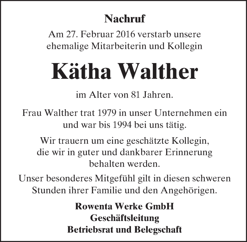  Traueranzeige für Kätha Walther vom 12.03.2016 aus trauer.echo-online.de