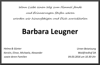 Traueranzeige von Barbara Leugner von trauer.echo-online.de