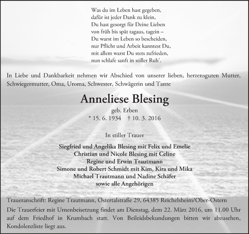  Traueranzeige für Anneliese Blesing vom 18.03.2016 aus trauer.echo-online.de
