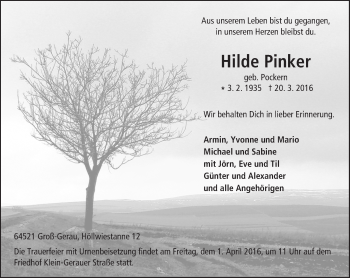 Traueranzeige von Hilde Pinker von trauer.echo-online.de