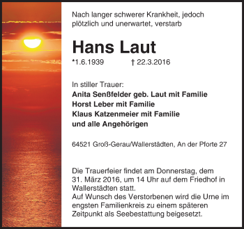 Traueranzeige von Hans Laut von trauer.echo-online.de