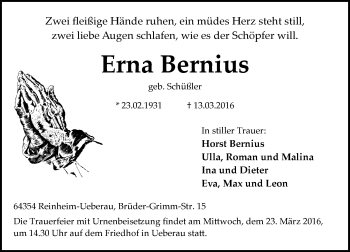 Traueranzeige von Erna Bernius von trauer.echo-online.de