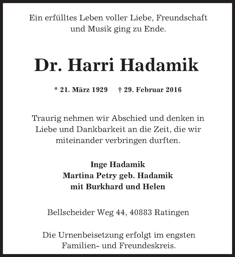  Traueranzeige für Harri Hadamik vom 05.03.2016 aus trauer.echo-online.de