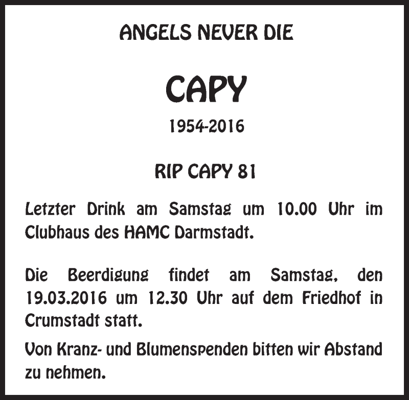  Traueranzeige für Capy  vom 18.03.2016 aus trauer.echo-online.de