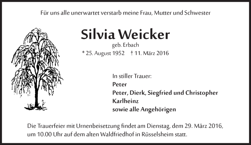  Traueranzeige für Silvia Weicker vom 24.03.2016 aus trauer.echo-online.de