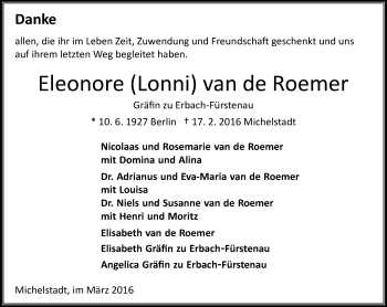 Traueranzeige von Eleonore van de Roemer von trauer.echo-online.de