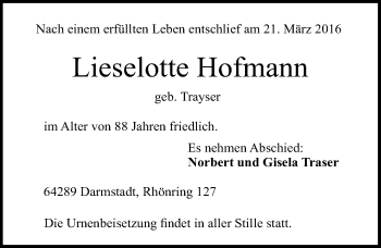 Traueranzeige von Lieselotte Hofmann von trauer.echo-online.de