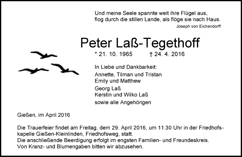  Traueranzeige für Peter Laß-Tegethoff vom 27.04.2016 aus  Gießener Anzeiger