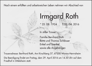 Traueranzeige von Irmgard Roth von  Wormser Zeitung