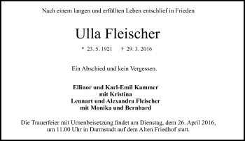 Traueranzeige von Ulla Fleischer von trauer.echo-online.de