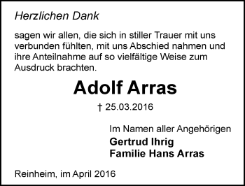 Traueranzeige von Adolf Arras von trauer.echo-online.de