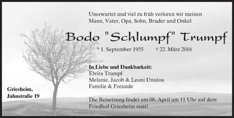  Traueranzeige für Bodo  Trumpf vom 02.04.2016 aus trauer.echo-online.de