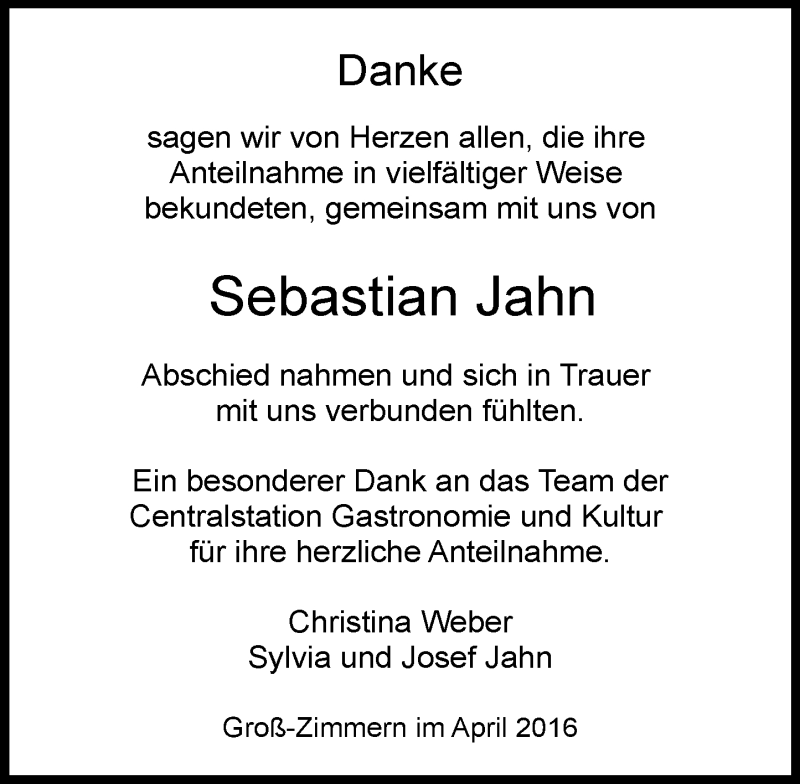  Traueranzeige für Sebastian Jahn vom 23.04.2016 aus trauer.echo-online.de