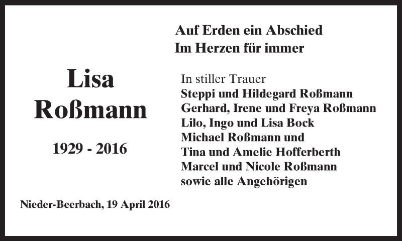  Traueranzeige für Lisa Roßmann vom 20.04.2016 aus trauer.echo-online.de