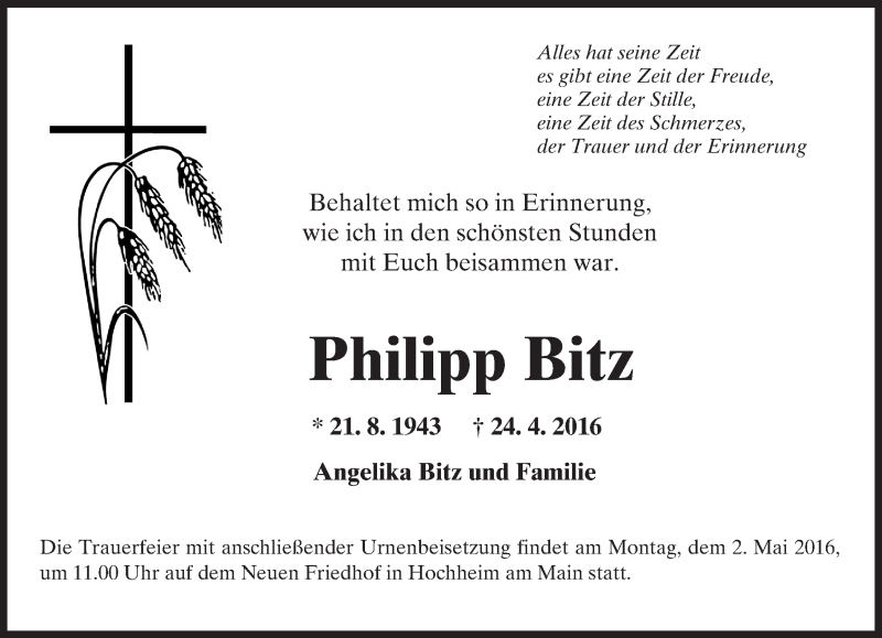  Traueranzeige für Philipp Bitz vom 30.04.2016 aus  Allgemeine Zeitung Mainz