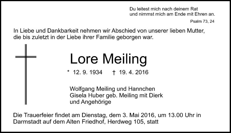  Traueranzeige für Lore Meiling vom 23.04.2016 aus trauer.echo-online.de